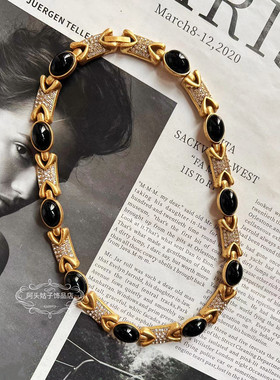 欧美宫廷风中古vintage复古气质黑色琉璃闪钻短款项链金属耳环女