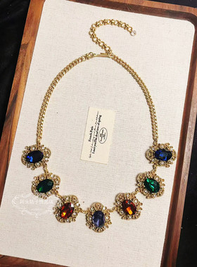 欧美宫廷风中古vintage复古气质做旧花朵彩色闪钻项链耳环手链女