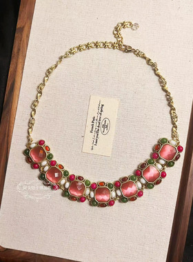 宫廷中古vintage复古气质做旧彩色天然石粉色方形项链手链耳环女