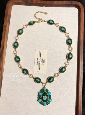 欧美宫廷中古vintage复古气质做旧绿玛瑙水滴松石项链耳环手链女