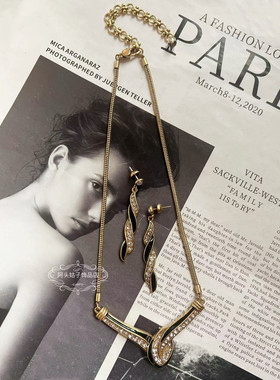 欧美宫廷风中古vintage复古做旧黑色滴油交叉镶钻短款项链耳环女