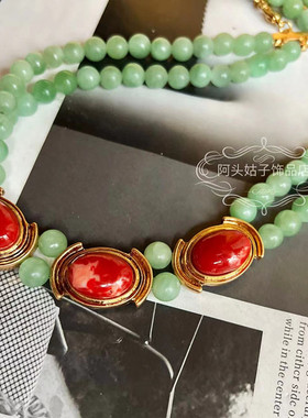 欧美风复古天然绿玛瑙红宝石项链