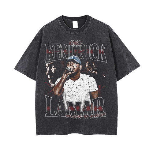Kendrick Lamar Vintage Rap Tee 洗水灰做旧t恤磨边复古宽松圆领 - 图0