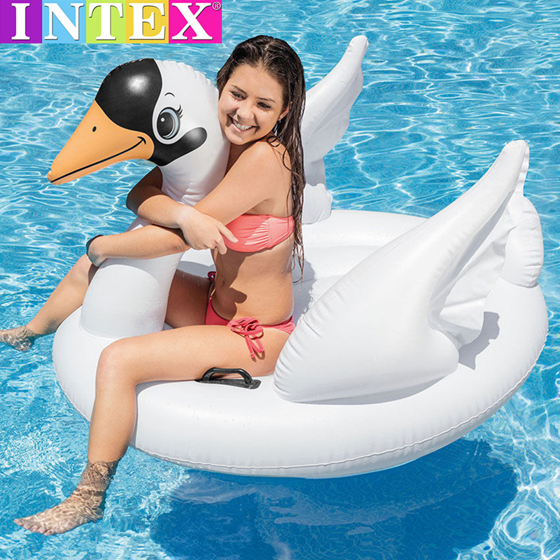 INTEX親子成人游泳圈 兒童戲水雙人坐圈小天鵝坐騎水上充氣浮排床