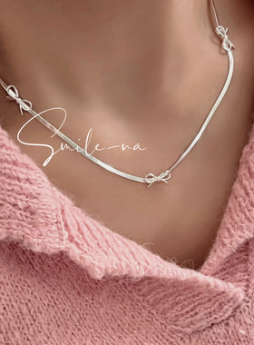 韩国进口925纯银蛇骨立体蝴蝶结可爱时尚项链锁骨链颈链女