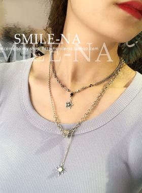 韩国进口纯银做旧五角星镶钻项链