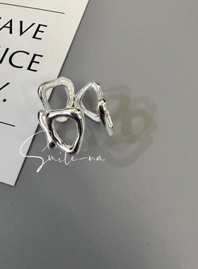 韩国进口925纯银几何镂空拼接异性时尚开口百搭戒指指环