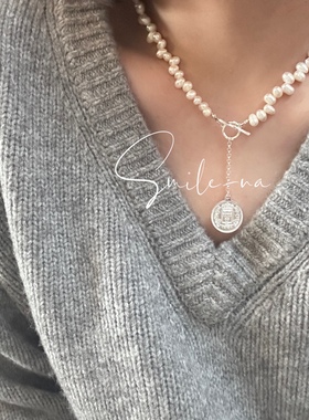 韩国进口小众设计925纯银天然不规则珍珠古币吊坠项链时尚锁骨链