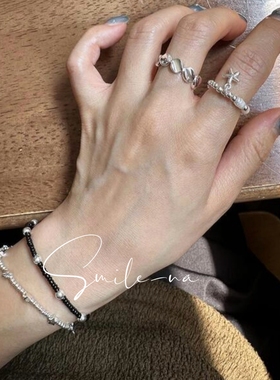 韩国进口小众设计S925纯银黑色米粒珠贝珠拼接时尚百搭手链手环