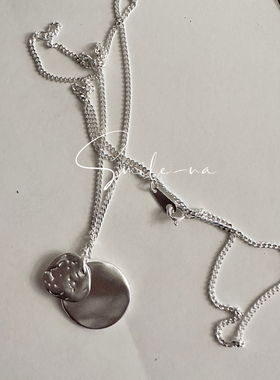 韩国进口小众925纯银简约圆牌双层不规则面质感吊坠时尚项链锁骨