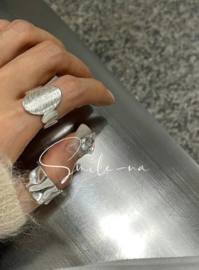 韩国进口S925纯银拉丝面椭圆纹理拼接时尚百搭开口戒指指环女