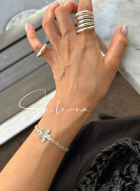 韩国进口设计师925纯银花朵造型可爱百搭双层不规则拼接手链手环