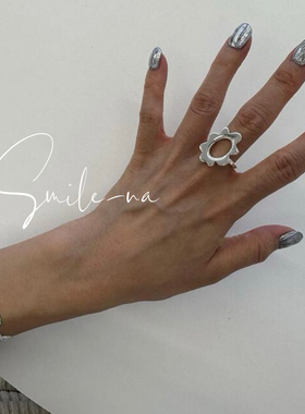 韩国进口小众款S925纯银时尚百搭花朵造型开口小花戒指 指环