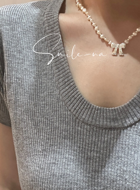 韩国进口925纯银可爱蝴蝶结吊坠天然不规则淡水珍珠银珠锁骨项链