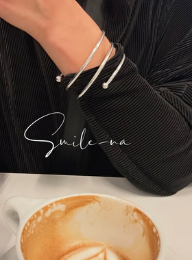 韩国进口小众款S925纯银手镯女素圈多层百搭女生手镯手环 空心