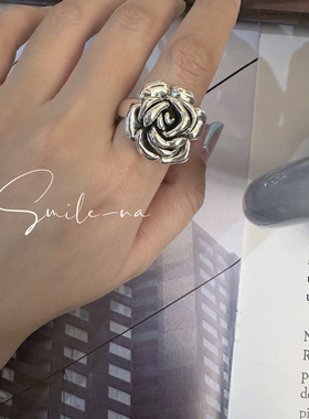 韩国进口小众款925纯银复古做旧玫瑰花立体时尚百搭食指戒指指环