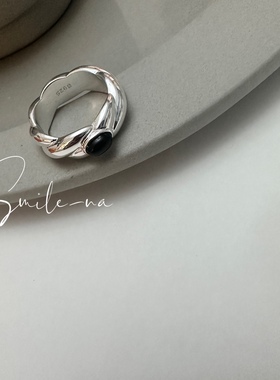 韩国进口小众925纯银时尚重工麻花镶嵌天然黑玛瑙法式戒指指环