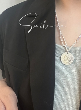 韩国进口S925纯银小众设计人像钱币造型拼接重工链条项链锁骨链