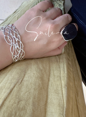 韩国进口小众设计款925纯银不规则线条编织宽面时尚百搭手镯手环