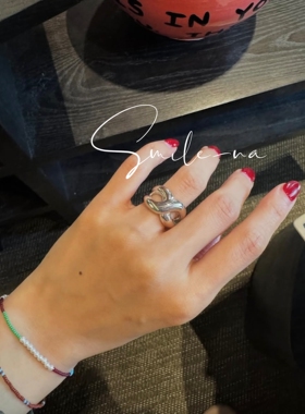 韩国进口小众设计款S925纯银法式镂空宽版双层交叉戒指重工指环