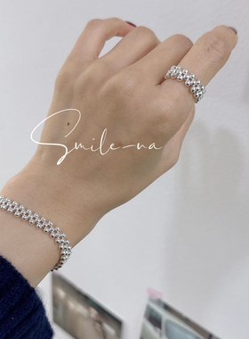 韩国进口小众款S925纯银小圆球银珠时尚百搭弹力绳戒指指环女