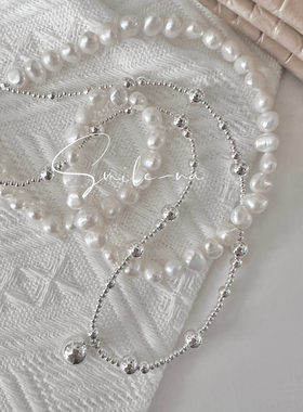 韩国进口925纯银双层天然不规则珍珠拼接银珠叠戴项链锁骨链女