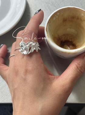 韩国进口小众设计款925纯银不规则褶皱宽面开口戒指纹理感指环