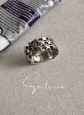 韩国进口小众设计925纯银齿轮六芒星星星立体镂空宽戒指时尚指环