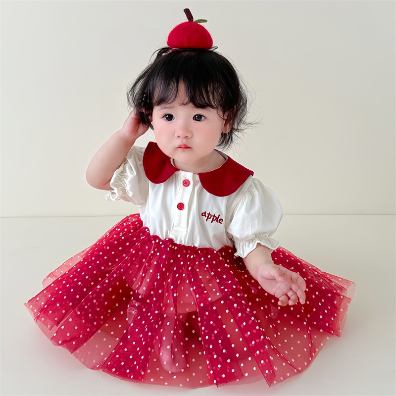 韩国24年夏款女宝宝童装满月娃娃领包屁裙周岁礼服女童甜美娃娃裙-图1