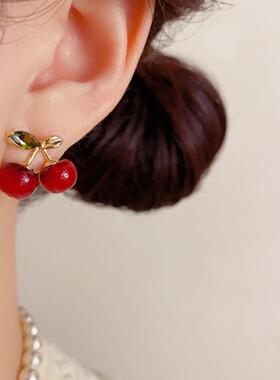 正品日韩甜美樱桃925银针耳钉