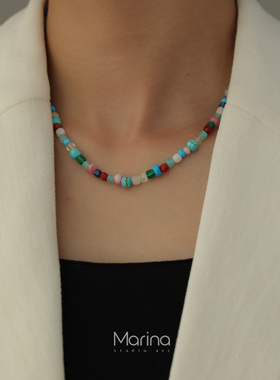 法式自由宝石复古彩色串珠项链 天然石锁骨链小众叠戴多巴胺颈链