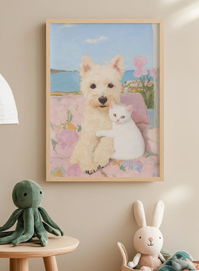 一起发呆的午后客厅卧室沙发动物狗治愈系装饰画挂画艺术油画壁画