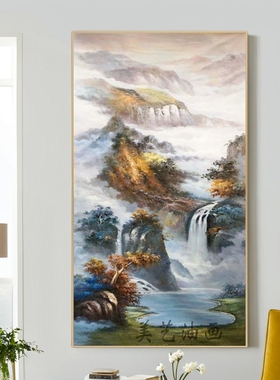 山水手绘油画聚宝盆玄关画风景画手工画竖版装饰画壁画过道