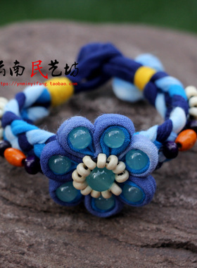 云南民族风布艺彩色蓝染铃铛手链