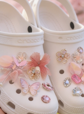 蝴蝶结水钻鞋花白色洞洞鞋扣鞋面装饰品重工甜美适配crocs配件