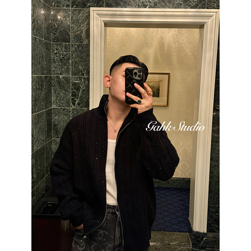 GAHKSTUDIO【碎钻闪闪】bling立领拉链毛衣外套 加厚保暖 - 图1