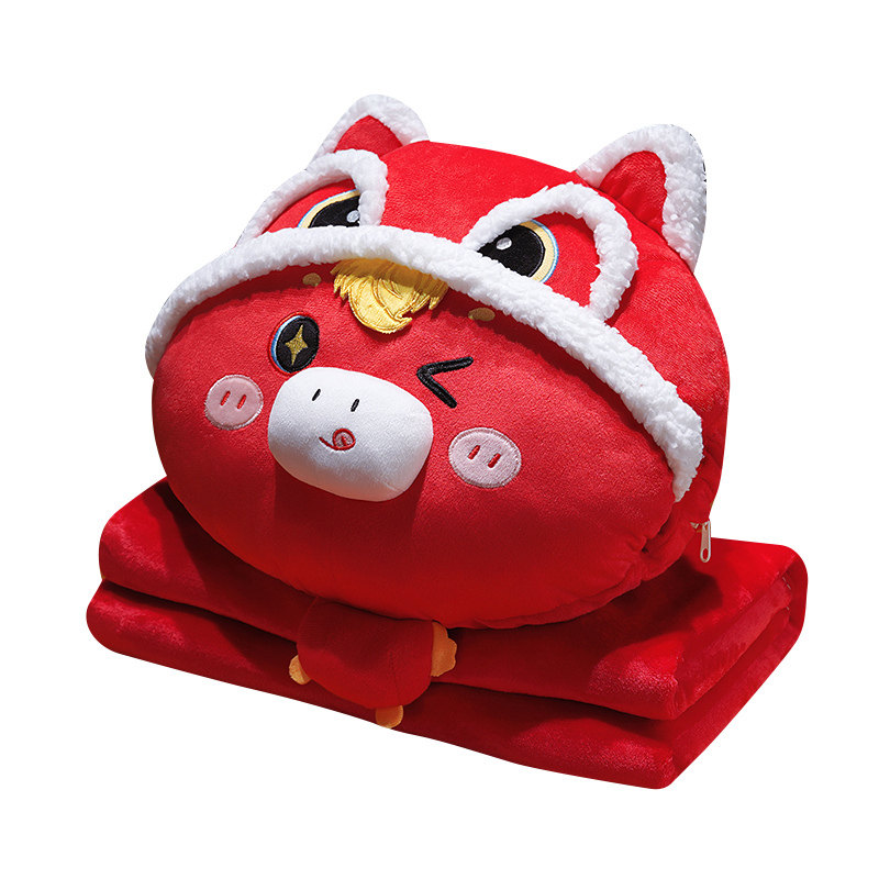 醒狮小马驹抱枕马年吉祥物三合一抱枕被子两用办公室午睡毯枕头女 - 图3