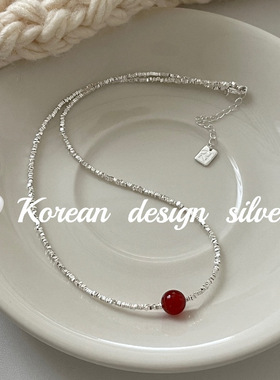 韩版日系手工设计银饰品 S925纯银红玛瑙碎银项链女叠戴ins锁骨链