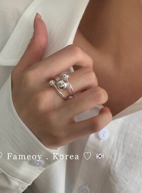 韩国网红档口开口指环 S925纯银 三球交叉大小珠戒指小众清冷感女