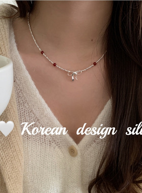 韩国ins风饰品 S925纯银蝴蝶结红玛瑙切面珠子项链叠戴气质高级感