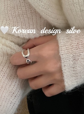 韩国东大门个性冷淡风亮银饰品 S925纯银简约镂空水滴戒指高级感
