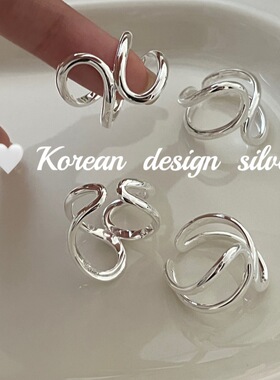 韩国ins风小众亮银饰品 S925纯银双水滴镂空戒指开口可调节