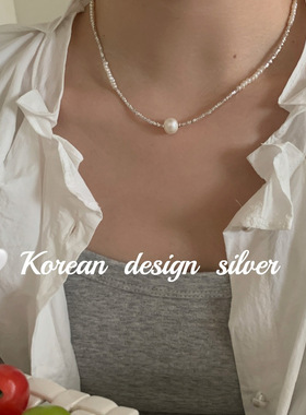 韩国ins风高级感小众百搭饰品 S925纯银天然珍珠碎银子拼接项链女