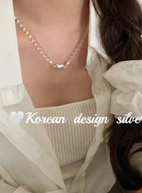 韩国东大门手工银饰S925纯银简约透明水晶爱心元宝扣项链小众