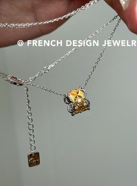 法式布契风拉丝镶钻路路通项链S925纯银锁骨链优雅礼服配饰品