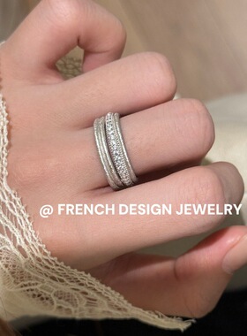 超美法式轻奢布契风拉丝S925纯银 双层拉丝锆石戒指气质晚会高级