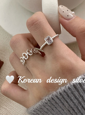 韩国小众ins风设计  S925纯银方形合成立方氧化锆戒指 开口可调节