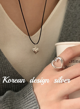 韩国Ins风简约银饰品 S925纯银爱心镂空重工戒指开口可调节指环女