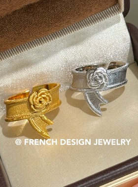 法式高级感布契风拉丝指环S925纯银玫瑰花丝带戒指小众优雅