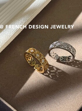 法式小众高级感指环S925纯银镂空锆石戒指复古优雅开口百搭食戒指